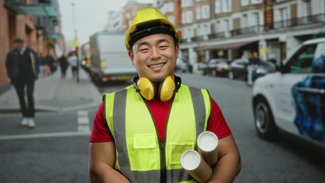 Young man holding blueprints while standing confidently on a bustling city street, wearing a construction helmet and safety vest, embodying modern urban architecture.