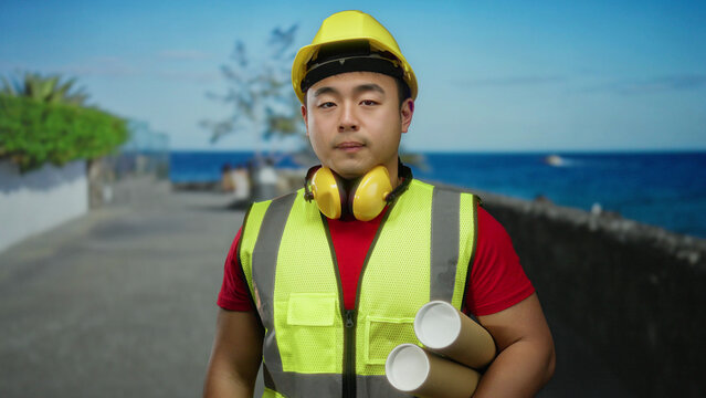 Young man holding blueprints wearing safety gear at seaside promenade with a calm sea background showcasing construction themes and architectural concepts outdoors. - Powered by Adobe