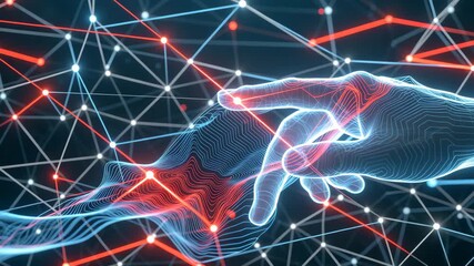 Digital illustration of a human hand reaching toward a virtual, robotic hand, symbolizing collaboration between artificial intelligence and humanity in a connected, technological network. - Powered by Adobe