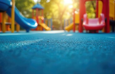 Colorful playground equipment with slides and swings on soft blue rubber surfacing. Safe play area with sun shining through trees, creating a bokeh background. Outdoor recreation for kids.
