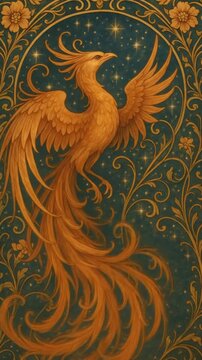 Elegant phoenix illustration with intricate floral patterns, captured from a frontal angle. Ideal for a mystical-themed video backdrop. Live mobile wallpaper.