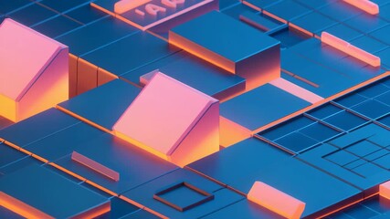 3D abstract background of glowing neon cubes and geometric shapes. Modern, futuristic composition with bright orange and blue lighting, perfect for technology, innovation, or science concepts. - Powered by Adobe