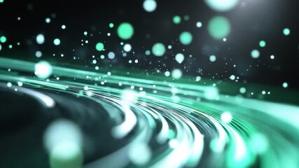 Dynamic flowing green light streaks and bokeh particles abstract motion background - Powered by Adobe