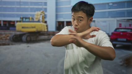 Young chinese man in white shirt blocking excavator bucket with raised hands in building site;...