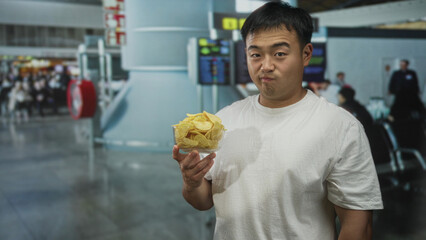 Man holds transparent bowl of potato chips and points finger at snack in busy airport terminal;...