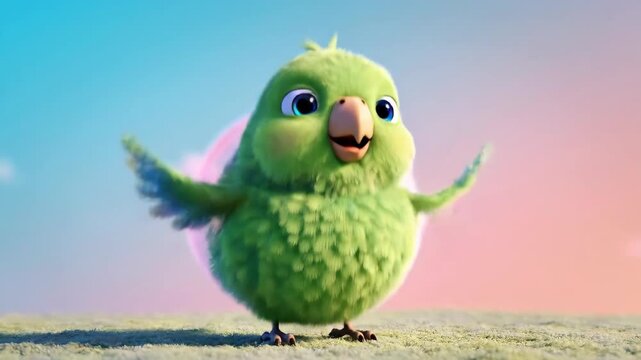 Adorable Cartoon Bird A Cheerful, Animated Parrot with Outstretched Wings in a Blissful Scene