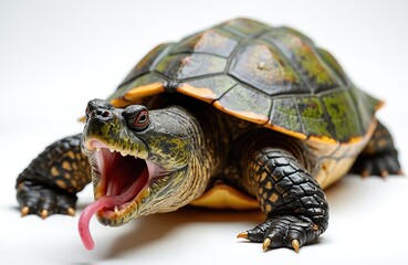 Obraz premium Alligator snapping turtle opens mouth wide showing pink tongue and sharp teeth against a clean white background. This powerful reptile has a rough shell and scaly skin, looking very aggressive.
