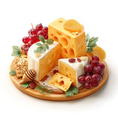 A plate of cheese and fruit with a piece of cheese missing