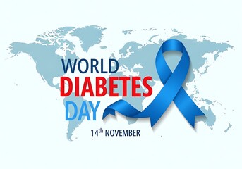 World diabetes day awareness graphic featuring a blue ribbon and world map, promoting global action against diabetes on november 14th