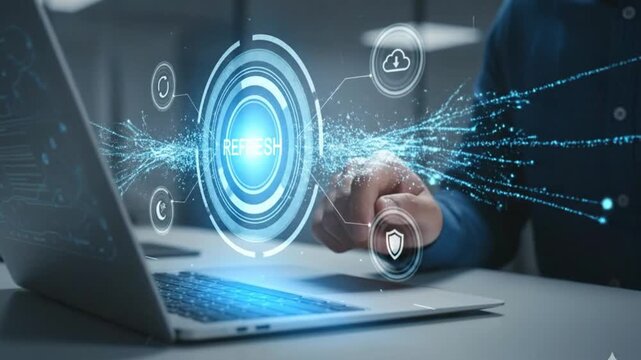 Person's hand interacting with a futuristic digital interface showing cybersecurity, data protection, and global network connections on a laptop sc... - Powered by Adobe