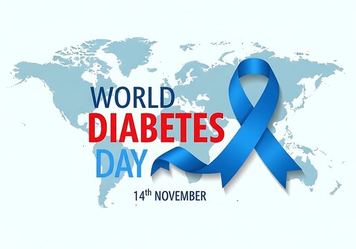 World diabetes day awareness graphic featuring a blue ribbon and world map, promoting global action against diabetes on november 14th