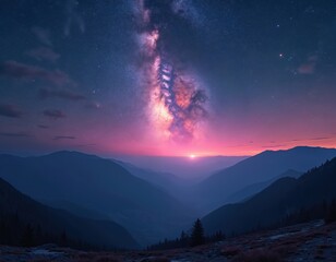 Vast pink and purple sky with Milky Way arching over blue mountain ranges. Starry night landscape with visible galaxy and distant sun glow. Serene, majestic nature scene.