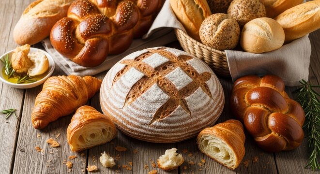 Assortment of freshly baked artisan breads and pastries on wooden table - Powered by Adobe