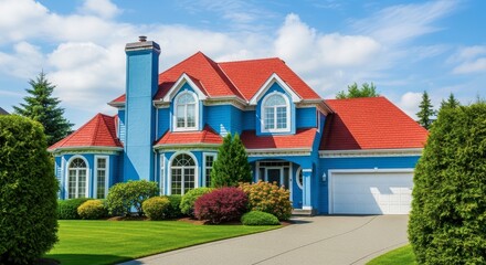 Bright blue house with red roof and chimney on a sunny day