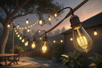Warm edison bulb string lights illuminate a twilight outdoor scene
