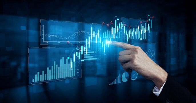 Professional examines virtual graphs and data analysis on a touchscreen display, highlighting trends and growth in finance for modern business environments. Scalp - Powered by Adobe