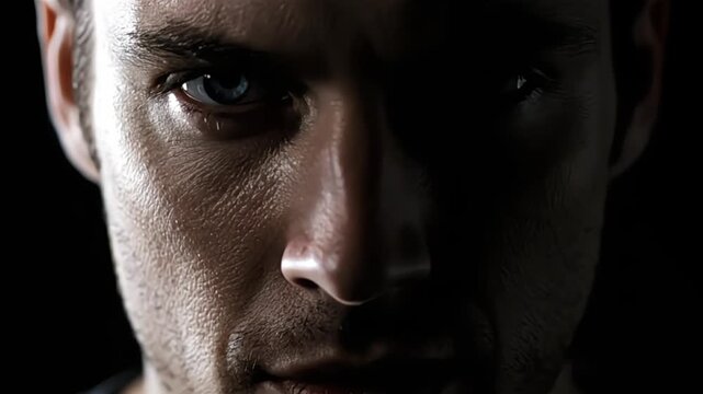 Close-up of a determined man's face with dramatic lighting and blue eyes