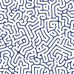 Intricate maze-like pattern of dark blue lines on a white background, creating a complex, organic, and abstract design.