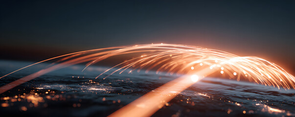 Cyber warfare attack in progress with glowing data streams in a digital landscape at nighttime