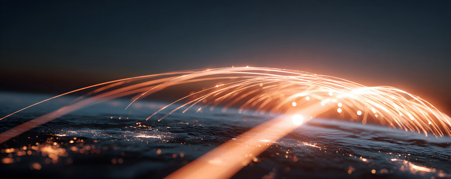 Cyber warfare attack in progress with glowing data streams in a digital landscape at nighttime