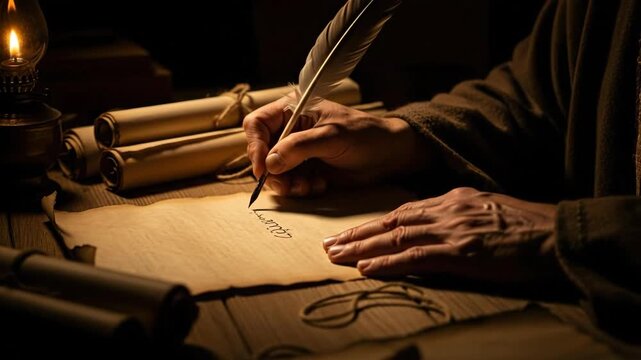 Male ancient chronicler writing on old parchment with a feather quill by lantern light, creating historical records and biblical scripture.
