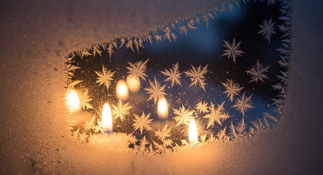 Candles and frost patterns on a windowpane at night