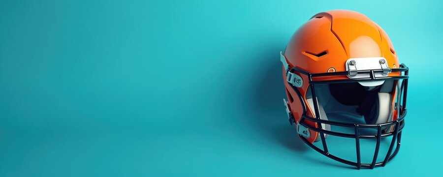 Orange american football helmet with clear visor and black face cage sits against a plain teal background. Protective headgear is shown from the side.