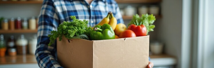 Person carries cardboard box filled with fresh vegetables and fruits. Volunteer delivers food donations to a family. Helping others with groceries. Healthy food support concept.