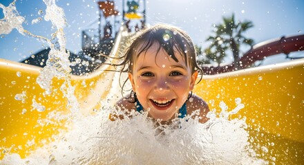 Happy child splashing on water slide at summer water park