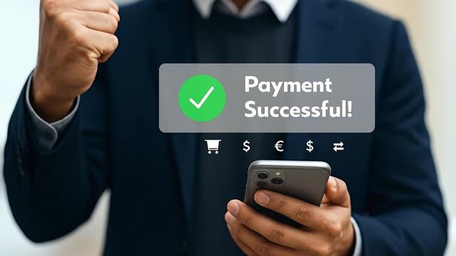 Businessman Celebrates Successful Mobile Payment Confirmation on Smartphone, Showing Digital Transaction Completion with Green Checkmark and E-comm...