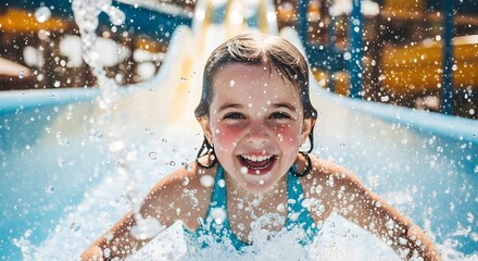Happy child splashing on water slide at summer water park