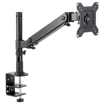A black monitor arm with a desk clamp mount and vesa plate isolated on a black background studio shot