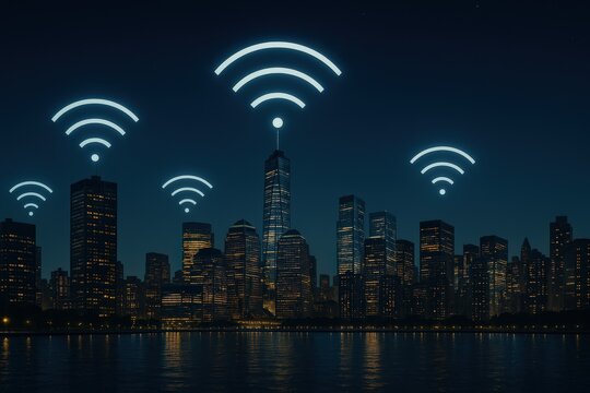 Connected city: glowing connectivity icons over the city at night, modern.