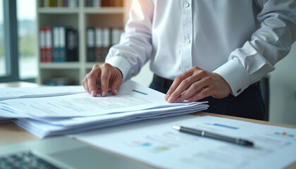 Pro reviews shipping documents on desk. Person works with supply chain paperwork in office. Manager checks order details for logistics and transport.