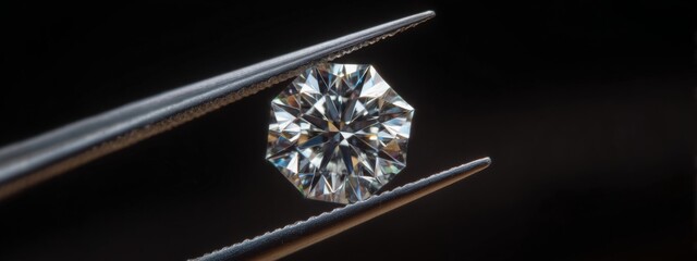 Diamond selective focus held in metal jeweller tweezers, brilliant stone cut. High definition photo