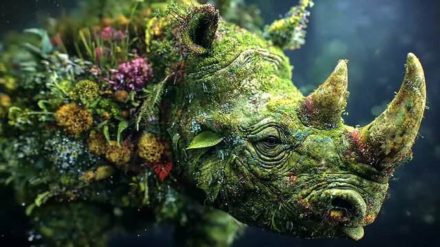 Surreal Rhino Symbiosis, Nature's Armor in Blooming Beauty, Floral Fusion