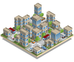 Cityscape. Isometric. Isolated on white background. Vector illustration.