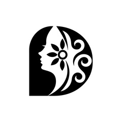 Silhouette of a woman with flower and curly hair on transparent background
