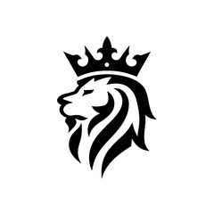Lion head wearing a crown black and white vector art on transparent background