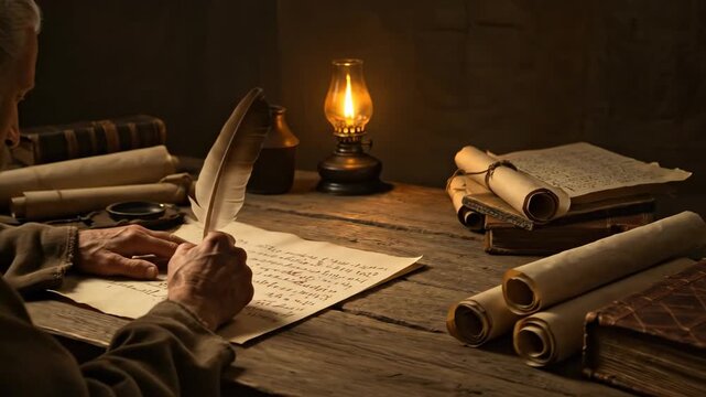 Old gray bearded Christian man writing on scroll with quill by lantern light on wood table in ancient biblical period setting.