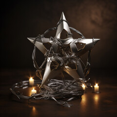 Photo stones barbed wire wax candle silver david star on dark background