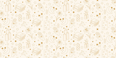 Seamless esoteric pattern with crystals books hand eye moon stars and lily, background