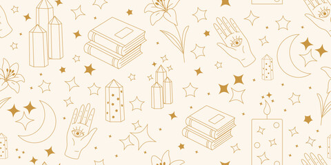 Seamless esoteric pattern with crystals books hand eye moon stars and lily, background