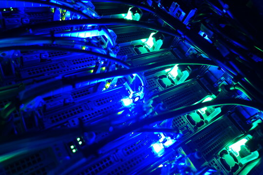 Vibrant Server Cables with Blue Lights