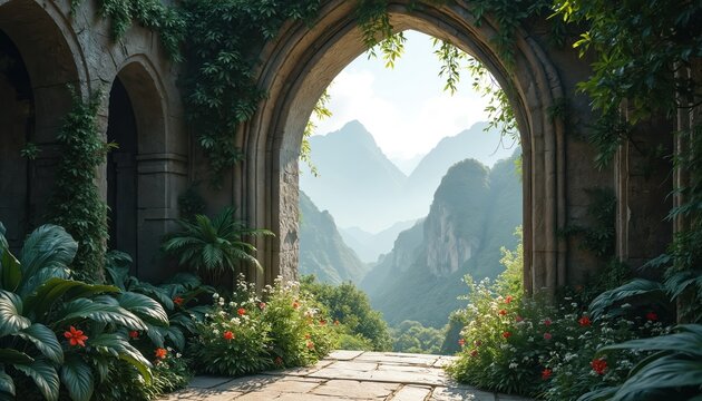 Stone archway frames lush garden path leading to misty mountains. Overgrown vines ancient stone structure. Scenic valley view nature landscape.