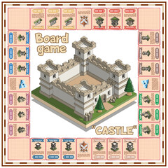 Board game. Medieval buildings. Isometric. Vector illustration.