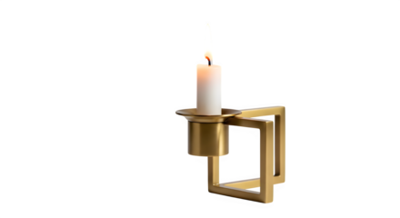 A lit candle sits in a modern gold candle holder isolated on transparent background, casting a warm glow in the darkness, creating a cozy and inviting atmosphere for relaxation and contemplation