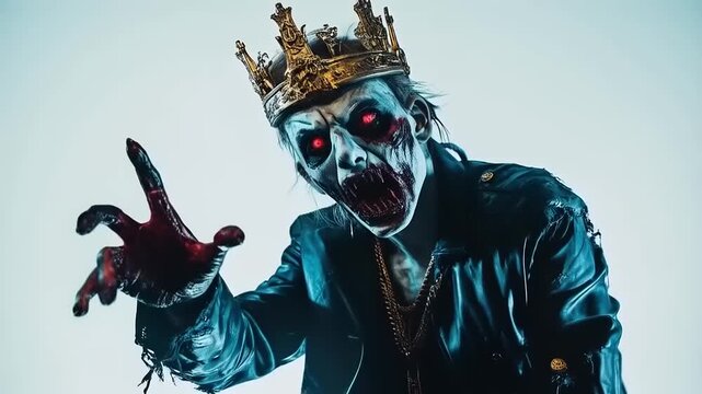 Undead Royalty: A Disturbing Portrait of a Crowned Zombie Figure Reaching Out