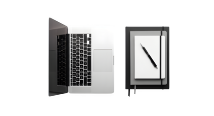 Overhead shot of a laptop and notebook isolated on transparent background, showcasing modern technology and traditional notetaking tools, ideal for remote work, education, or creative projects