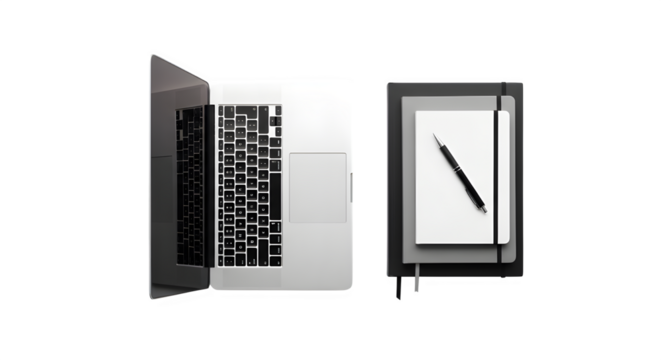 Overhead shot of a laptop and notebook isolated on transparent background, showcasing modern technology and traditional notetaking tools, ideal for remote work, education, or creative projects - Powered by Adobe
